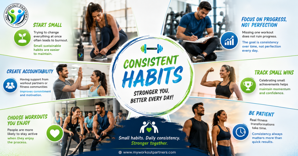Fitness consistency tips with workout partners and healthy habits motivation infographic.